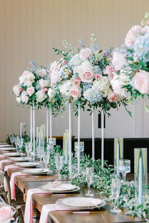 Classic, garden style tall centerpieces in blush, blue and white. Foxbelle Weddings Photography Blue And Pink Wedding Centerpieces, Blush Blue Wedding, Pastel Wedding Centerpieces, Wedding Table Centerpieces Elegant, Tall Arrangements, Reception Theme, Beach Reception, Wedding Settings, Soft Romance