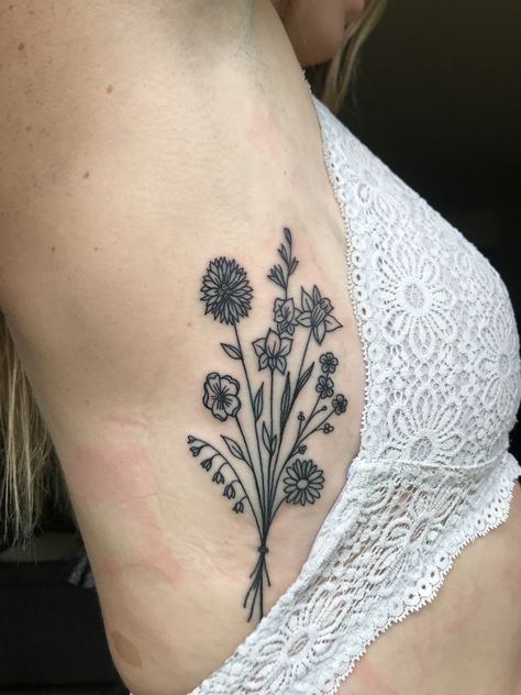 Simple black outline Traditional Flower Bouquet Tattoo, Bouquet Tattoo Ribs, Month Flower Bouquet Tattoo, Tattoo Flower Bouquet, Tattoo Bouquet, Birth Month Flower Bouquet, Ribs Tattoo, Tattoo Ribs, Simple Flower Tattoo