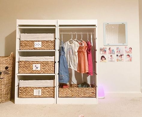 Halfway montessori Trofast Painted, Ikea Montessori, Montessori Wardrobe, Toddler Wardrobe, Ikea Trofast, Visual Cue, Tension Rod, Montessori Toddler, Baby's Room