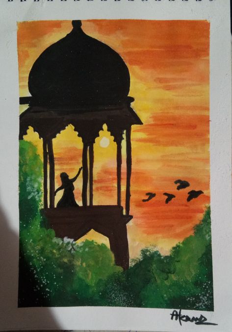 Sunset paintings,easy paintings, lonely girl painting Daily Life Composition Painting, Daily Life Composition, Water Colour Painting Ideas, Colour Painting Ideas, Composition Drawing, Composition Painting, Painting Ideas Easy, Colour Painting, Watercolor Paintings Easy