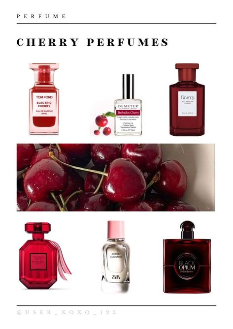 Cherry perfumes Not Another Cherry Perfume, Cherry Vanilla Aesthetic, Aesthetic Cherries, Cherry Aesthetics, Cherry Perfume, Best Summer Perfumes, Cherry Fragrance, Cherry Products, Cherry Scent