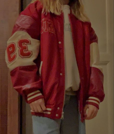 Red 
Varsity jacket 
Bomber jacket 
Urban outfitters Varsity Jacket Aesthetic, Letterman Jacket Outfit, Red Varsity Jacket, Jacket Aesthetic, Varsity Jacket Outfit, Grunge Jacket, College Jackets, Football Jackets, Low Waist Jeans