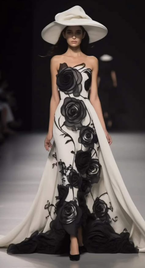 Hollywood Glamour Party Outfit, Black And White Haute Couture, Creative Dresses, Fashion Designer Dress, Detail Couture, Prom Elegant, Haute Couture Gowns, Elegant Ball Gowns, Flowers Dress