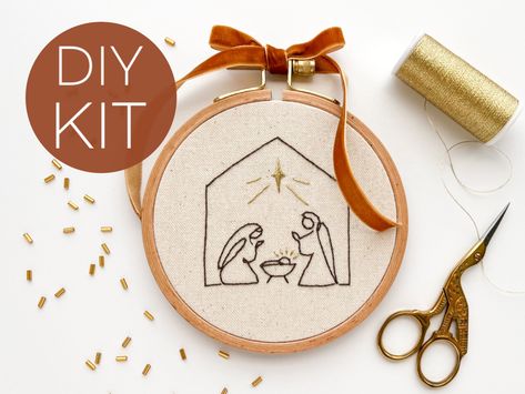 "This Nativity Scene embroidery kit featuring modern, minimalist design is a perfect DIY craft to enjoy this holiday season! This kit is designed for confident beginners familiar with embroidery basics. The pattern is already stamped on fabric with heat erasable ink. This means you can get straight to stitching and easily remove the lines with hot steam when finished. ** What's in the Kit ** - a card with stitch diagrams and information on relevant stitches - 5\" beechwood embroidery hoop - stam Embroidery Hoop Home Decor, Minimalist Nativity, Scene Embroidery, Hoop Crafts, Holiday Crafts Diy, Christmas Embroidery Patterns, Modern Minimalist Design, Fabric Stamping, Quick Stitch