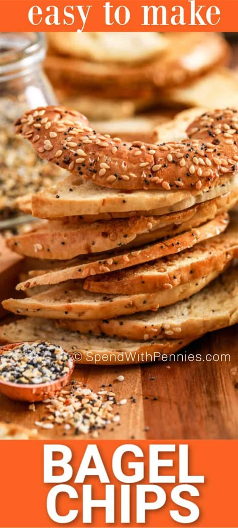 Bagel chips are the perfect pair with any dip, especially a cream cheese dip! They are quick and easy to make at home and can be flavored with so many different spices. Try making everything bagel chips, sweet cinnamon chips, or garlic spiced chips.  #spendwithpennies #bagelchips #homemade #appetizer #snack #easyappetizerrecipe Home Made Bagel Chips, How To Make Bagel Chips, Homemade Bagel Chips, Everything Bagel Chips, Bagel Chips Recipe, Easy Bagel, How To Make Bagels, Bagel Recipes, Bagel Recipe Easy