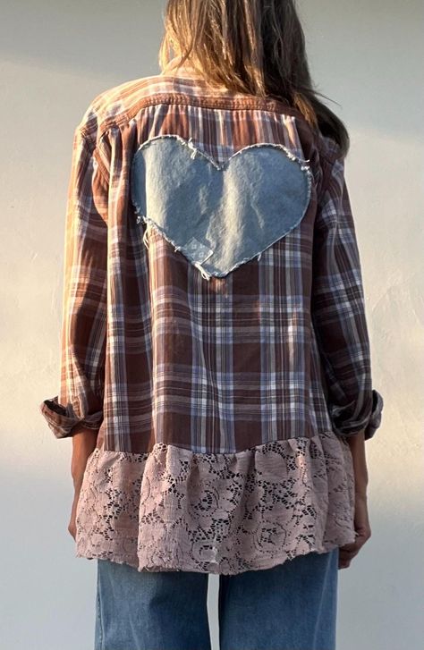 Bleached and distressed XL flannel with tattered lace and a patched denim heart applique on the back, boho flannel and denim boho top by HerdingBoho on Etsy Upcycled Flannel Shirts Boho Chic, Distressed Flannel Shirts, Diy Flannel Shirt Refashion, Flannel Shirt Ideas, Boho Upcycle, Flannel Upcycle, Refashioning Clothes, Boho Flannel, Flannel Shirt Refashion