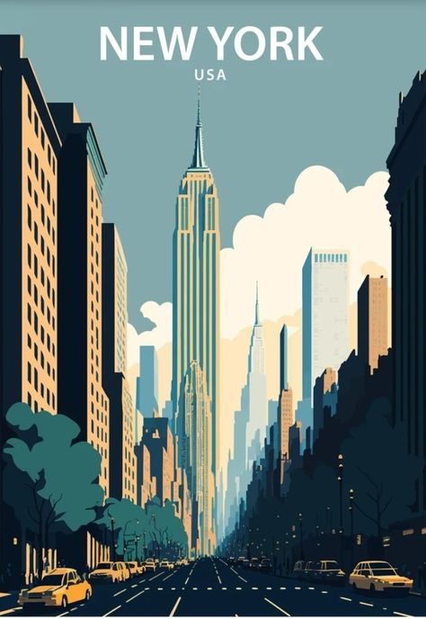 New York City Illustration, New York Graphic Design, New York Poster Aesthetic, Nyc Poster, Nyc Illustration, New York City Poster, New York Postcard, New York Travel Poster, Empire State Building Illustration