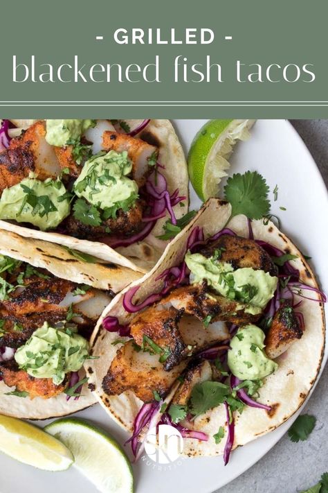 A grilled blackened fish taco recipe filled with crunchy cabbage and creamy avocado sauce for a quick, easy, and flavor-packed meal. Fish Tacos Grilled, Fish Tacos With Avocado, Kay Nutrition, Fish Taco Recipe, Blackened Fish Tacos, Blackened Fish, Blacken Fish, Tacos With Avocado, Bowls Recipes