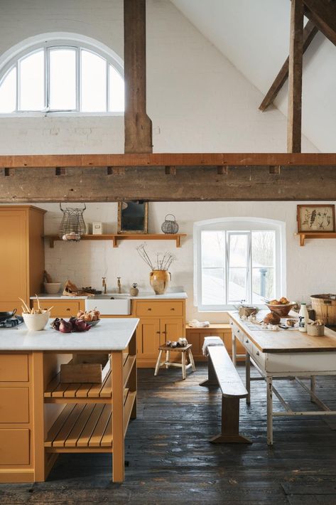 The Shaker Loft Kitchen at Cotes Mill | deVOL Kitchens Integrated Oven, Yellow Paint Colors, Marble Worktops, Big Pools, Devol Kitchens, Loft Kitchen, Brass Accessories, Yellow Paint, English Cottage Style