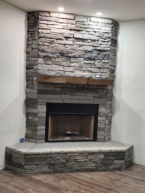 Mantle Modern, Fireplace Rock, Raised Hearth, Grey Stone Fireplace, Wood Mantle Fireplace, Grey Fireplace, Stone Hearth, Rock Fireplace, Wood Mantle