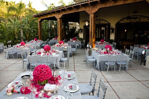 pretty hot pink tables Grey Wedding Decor, Pink Grey Wedding, Gray Wedding Colors, Pink Wedding Centerpieces, Passover Table, Pink Wedding Decorations, Hot Pink Weddings, Reception Tablescapes, Tablescape Ideas