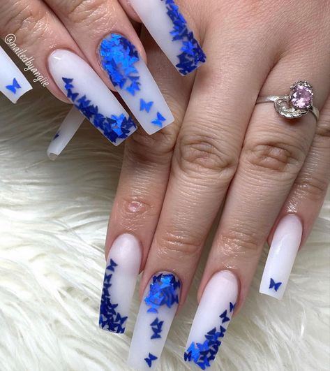 Blue Prom Nails, Nails Butterfly, Quinceanera Nails, Blue Ombre Nails, Blue And White Nails, Royal Blue Nails, Prom 2022, Blue Quince, Natural Nail Art