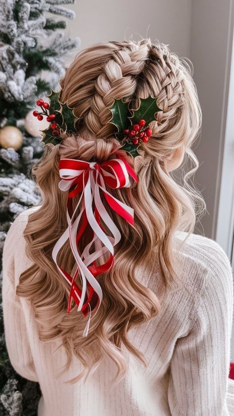 Christmas Dance Hairstyles, Christmas Hairdos, Xmas Hairstyles, Christmas Hairstyles For Short Hair, December Hairstyles, Christmas Hairstyles For Women, Christmas Hair Ideas, Whoville Hair, Cute Christmas Hairstyles