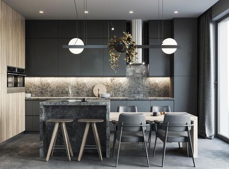 Mikhail Tarasenko en Instagram: “NAUM 50sq.m #coronarender #render #renderlovers #allofrenders @allofrenders @renderbox.magazine @design.only” Modern Kitchen Design Luxury Grey, Modern Home Trends, Neutral Kitchen Designs, Modern Kitchen Trends, Kitchen Light Fixtures, Modern Black Kitchen, Banquette Seating In Kitchen, Modern Minimalist Kitchen, Grey Kitchen Island