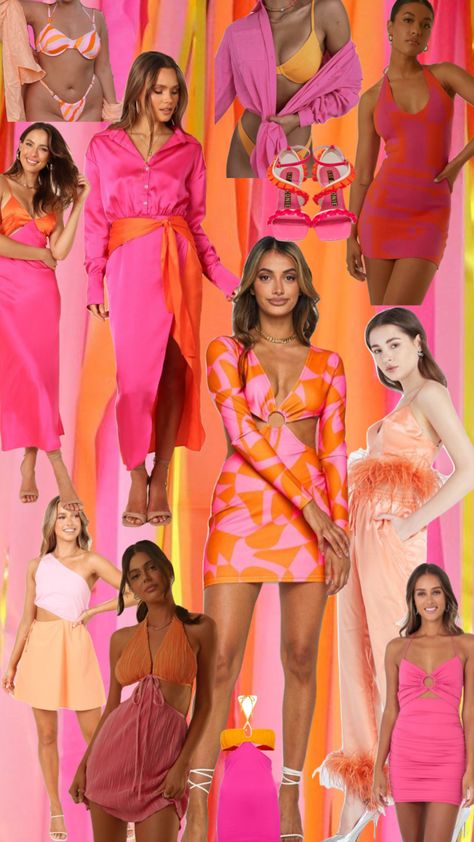 Bright Colored Bachelorette Outfits, Vueve Champagne Bachelorette Outfit, Orange And Pink Bachelorette Party Outfits, Palm Springs Themed Party Outfit, Veuve Before Vows Outfits, Miami Outfits Bachelorette, Veuve Before Vows Bachelorette Outfits, Pink Orange Yellow Bachelorette Outfits, Sunset Color Bachelorette Outfits