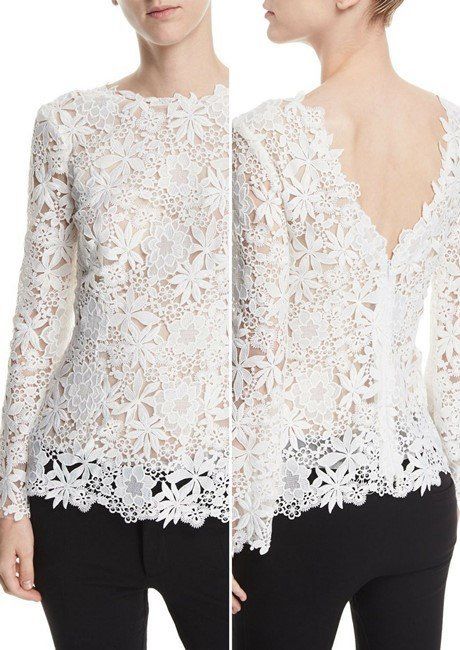 Monique Lhuillier High-Neck Long-Sleeve Floral-Guipure Lace Top Lace Shirt Outfit, Lace Top Design, Romantic Lace Blouse, Lace Blouse Styles, Chiffon Blouses Designs, Lace Dress Outfit, Lace Blouse Design, Women Lace Blouse, Lace Top Dress