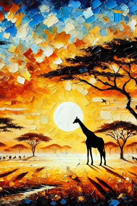 Bring the beauty of an African sunset into your home with this canvas. The rich colors and striking silhouettes of a giraffe and acacia trees are perfect for any decor. Get yours now! 🌅🦒🎨 #wallart #africanart #digitaldownload #sunsetpainting #artlovers #africandecor" African Landscape Painting, Savannah Landscape, Africa Trees, Africa Painting, African Landscape, African Sunset, Acacia Tree, A Giraffe, African Decor