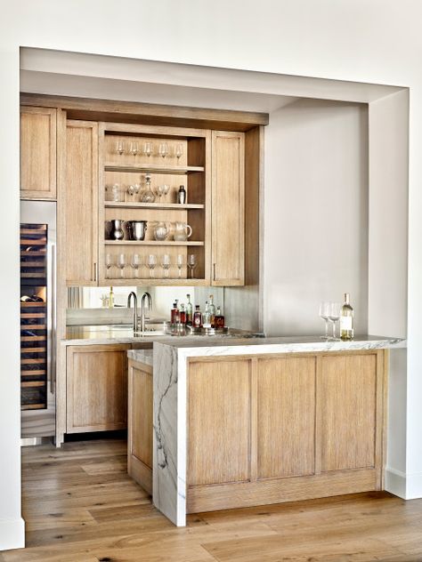 MODERN COTTAGE - Transitional - Home Bar - Phoenix - by Lissa Lee Hickman | Houzz Bar Backsplash Ideas, Bar Backsplash, Waterfall Island Kitchen, Small Bars For Home, Bar Tile, Home Bar Design, Metallic Backsplash, Wood Backsplash, Flat Panel Cabinets