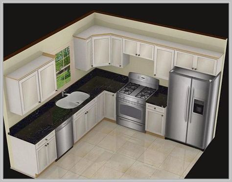 This L shaped kitchen layout is definitely stylish with white cabinets and black speckled countertops. It provides a classic layout that's very functional and easy to use. Kitchen Island Designs With Seating, Small Kitchen Design Layout, Reka Bentuk Dapur, Kitchen Layouts With Island, Kitchen Island With Sink, Model Dapur, Small Kitchen Layouts, Kabinet Dapur, L Shaped Kitchen