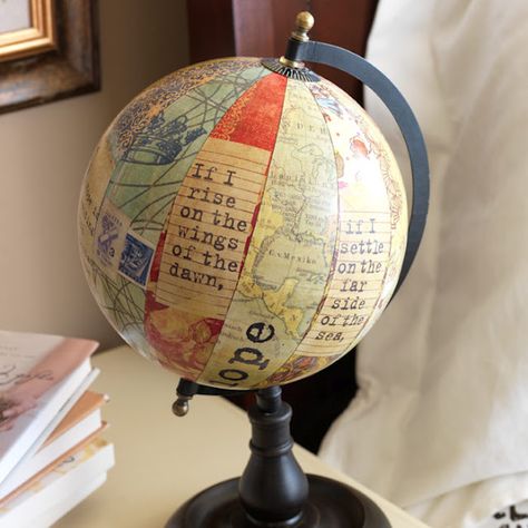 I love old globes fun way to decorate an old beat up one.  You could use scrapbook paper and inspirational quotes. Old Globe, Psalm 143, Repurposed Art, Globe Art, A Globe, Christian Stuff, Map Globe, We Are The World, Decoration Inspiration