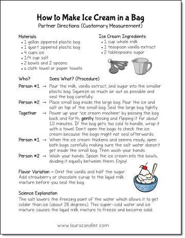 Free Recipe for Making Ice Cream in a Bag - Includes two recipes, one using customary measurement and one using metric measurement. Ice Cream In A Bag, Making Ice Cream, Ice Cream Theme, Ice Cream Ingredients, Make Ice Cream, Preschool Science, E Mc2, Homemade Ice, Homemade Ice Cream