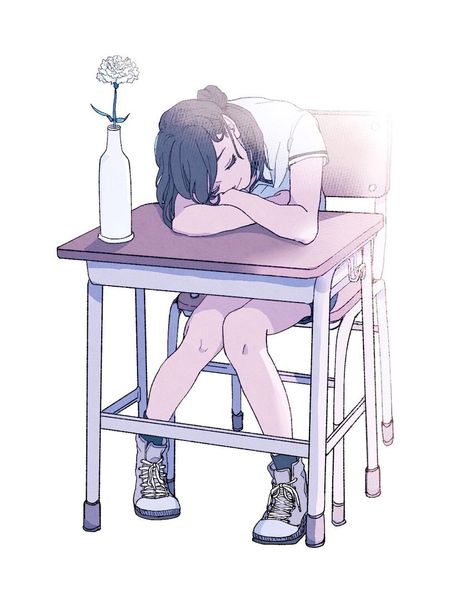 Head Down On Desk Reference, Head On Table Pose Reference, Sleeping On Desk Reference Drawing, Table Reference Drawing, Sleeping On Desk Reference, Head On Table Pose, Sleeping Drawing Reference, Desk Pose, Flower Hair Bun