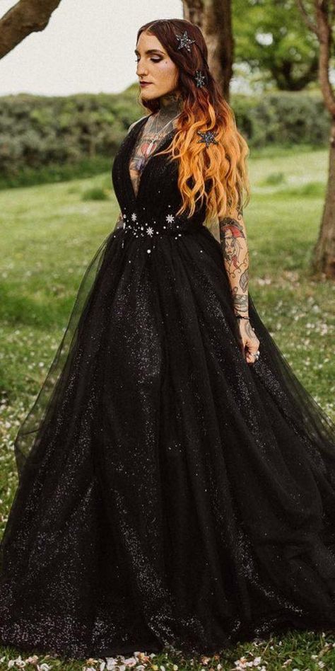 Dark Romance: 24 Gothic Wedding Dresses ★ #bridalgown #weddingdress Black Medieval Wedding Dress, Halloween Wedding Bridesmaids Dresses, Emo Wedding Ideas, Goth Bridesmaid Dresses, Dark Fairytale Wedding Dress, Gothic Bridesmaid Dresses, Grunge Wedding Dress, Plus Size Black Wedding Dress, Black Wedding Dresses Gothic