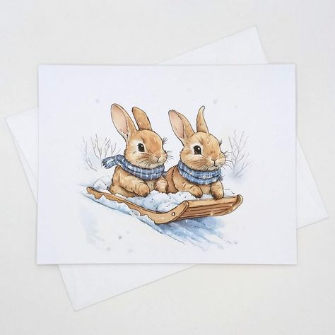 Bunnies Sledding Christmas Card Set, blank folded note cards, winter holiday notes, whimsical cute rabbits, snow sled Bunny Christmas Drawing, Bunny Christmas Card, Christmas Bunny Illustration, Christmas Cards Bunny, Winter Bunny Illustration, Winter Rabbit Illustration, Deer Christmas Cards, Christmas Note Cards, Christmas Bunny