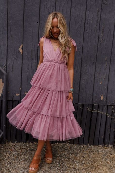 Boho Ballerina Tiered Tulle Dress - Mauve | Three Bird Nest Chic Dresses Boho Pink, Mauve Bridesmaid Dress Boho, Tulle Dresses For Small Women, Country Tulle Dress, Tiered Dress Autumn, Tiered Dress With Shrug, Mauve And Black Dress, Shabby Chic Fall Dress, Bohemian Tutu Dress Women