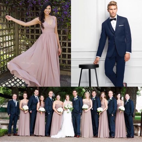 Navy Blue and Soft Dusty Pink make the best wedding party attire combo! You can now get this look at @sheacouturebridal  Contact us for your tux rentals and bridesmaid dresses! #bridesmaids #weddingdressshopping #tux #bridalboutique #sheacouturebridal Groomsmen Colours, Blue Groomsmen, Bridesmaid Dresses 2018, Dusty Pink Dresses, Gold Wedding Colors, Mauve Wedding, Dusty Rose Wedding, Purple Bridesmaids, Pink Wedding Dress