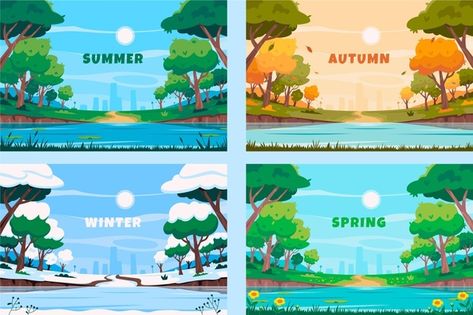 Summer Season Drawing, Season Calendar, Abc Crafts, Spring Illustration, Spring Background, Free Vector Illustration, Grandma Mug, Illustration Art Girl, Landscape Drawings