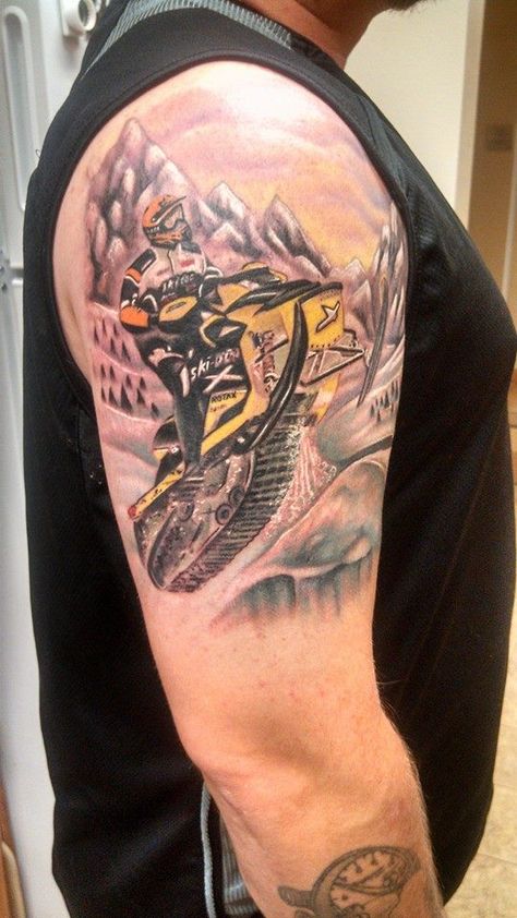 Sick sled tattoo #skidoo #snowmobile #muscles #mint Snowmobile Tattoo Ideas, Snowmobile Tattoo, Colorado Tattoos, Skidoo Snowmobile, Snow Tattoo, Colorado Tattoo, Snow Mobile, Archangel Tattoo, Crazy Tattoos