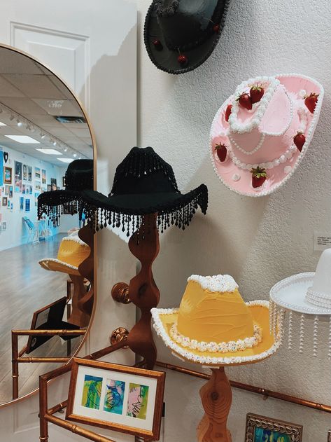 Giant Cowboy Hat, Cake Cowgirl Hat, Fake Cake Cowboy Hat, Yellow Cowgirl Hat, Cowboy Hats Decorated, Cowboy Hat Decorations Ideas, Cake Cowboy Hat, Bedazzled Cowboy Hat, Diy Cowboy Hats