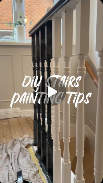 Black Painted Spindles On Stairs, Painting Railings For Stairs, Sanded Stairs, Black Stairs Painted, Staircase Painting Ideas, Painting Stair Railings, Painted Banister Ideas, Black Painted Staircase, Diy Banister