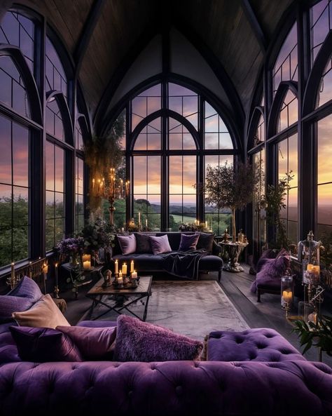 Purple Home Decor Living Room, Lavender House Decor, Purple House Decor, Purple House Interior Ideas, Pretty Room Ideas, Gothic House Interior, Modern Gothic House, Gothic Houses, Lavender House