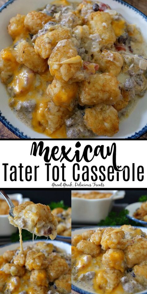 Mexican Tater Tot Casserole is super cheesy, loaded with crunchy tater tots, ground beef, black beans, sour cream and more deliciousness. #beeffoodrecipes #mexicanfoodrecipes #casserolerecipes #dinnerrecipes #greatgrubdelicioustreats Mexican Tater Tot Casserole, Tater Tot Recipes, Tater Tot Casserole Recipes, Yummy Casserole Recipes, Mexican Dinner Recipes, Tot Casserole, Tater Tot Casserole, Green Chiles, Beef Casserole Recipes