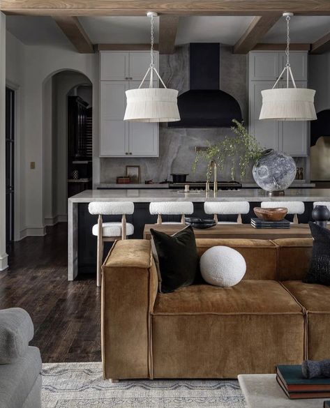 Moody Open Concept, Moody Interior Design, Cozy Contemporary, Open Concept Kitchen And Living Room, Earthy Living Room, Latest Interior Design Trends, Open Concept Kitchen, Custom Sofa, Room Style