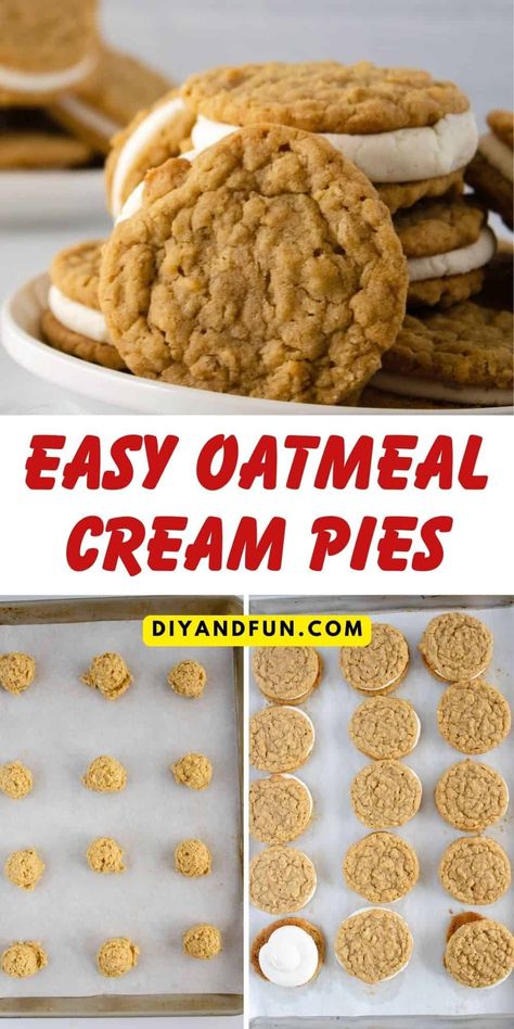 Easy Oatmeal Cream Pies, a delicious recipe for soft and chewy oatmeal cookies with a sweet creamy center. Oatmeal Pie Cookies, Oatmeal Cream Cookies, Homemade Oatmeal Cream Pies, Soft And Chewy Oatmeal Cookies, Easy Cream Pie, Oatmeal Dessert, Oatmeal Pie, Cream Pie Filling, Chewy Oatmeal Cookies