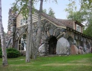 a Boulder House, Charlevoix Michigan, Mushroom Houses, Stone Cabin, Cedar Shake Roof, Stone Cottages, Types Of Architecture, Young House, Stone Masonry