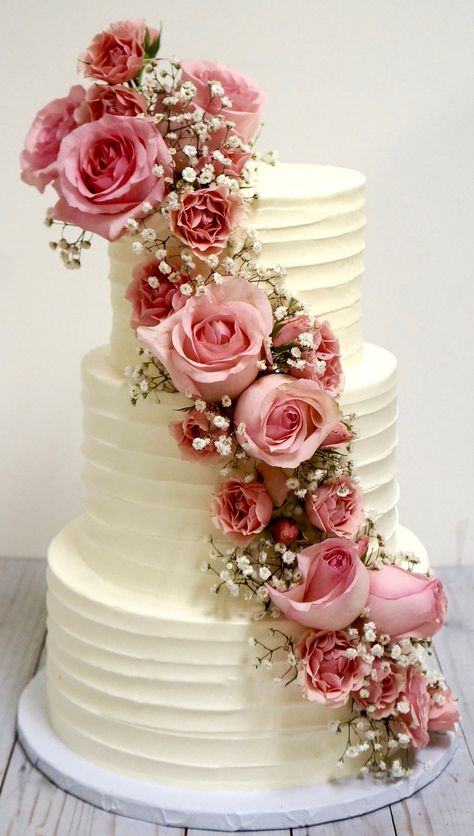 Flower Cake 2 Tier, 3 Tier Buttercream Wedding Cake, 3 Tier Flower Cake, 2 Tier Flower Cake, 3tier Cake, Pink Floral Cake, Cake With Roses, Flower Cake Design, White Birthday Cakes