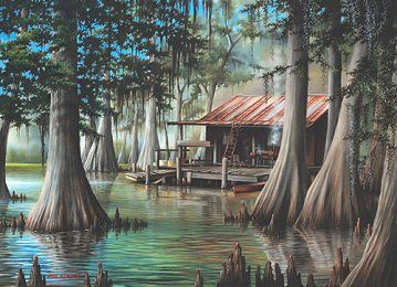 "The Swamp" by Ron Attwood  Ron was so nice to meet at the Revel last year. He personalized this print for us. Swamp Scene, Louisiana Swamp, Louisiana Bayou, New Orleans Art, Louisiana Art, Theme Nature, Daily Specials, Nature Artwork, Wildlife Artists