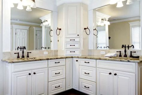 10 Stunning L-Shaped Bathroom Vanity Sets (Photo Gallery) Cabinets In Bathroom, L Shaped Bathroom Vanity, L Shaped Vanity, L Shaped Bathroom, Large Bathtubs, Used Kitchen Cabinets, Corner Sink Bathroom, White Bathroom Cabinets, White Bathroom Designs