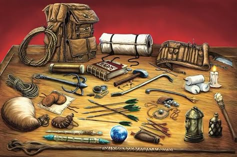 Standard adventurer's kit - D&D4 Wiki, the D&D 4th edition wiki Flint And Steel, Heroic Fantasy, Fantasy Props, Adventure Gear, Fantasy Story, Dungeons And Dragons Homebrew, High Fantasy, Dungeon Master, Arte Fantasy