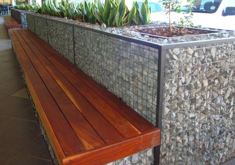 Gabion Bench Gabion Planter, Planter Bench, Gabion Wall, Modern Planters, Garage Ideas, Yard Design, Street Furniture, Garden Seating, Planter Boxes