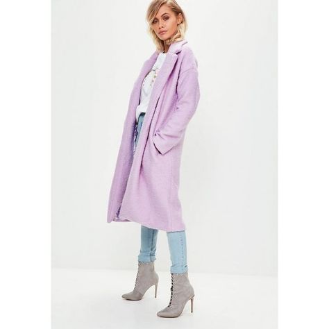 Missguided Long Wool Coat ($111) ❤ liked on Polyvore featuring outerwear, coats, purple, wool lined coat, purple coat, fur-collar wool coats, purple wool coat and fur-lined coats Lilac Coat, Purple Coat, Wool Coats, Pastel Fashion, Long Wool Coat, Grey Coat, Fur Coats, Coat Outfits, Women's Coats & Jackets