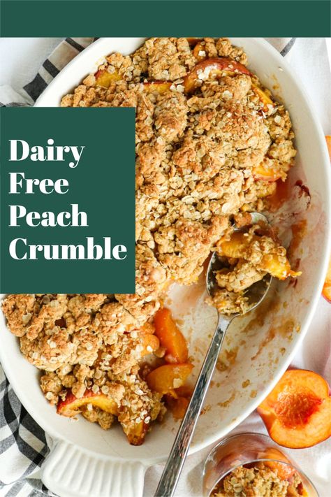 Dairy Free Peach Crumble is loaded with tender, melty peaches, and topped with an oat filled, delightfully crumbly topping. This is the most amazing dairy free peach crumble recipe! #peaches #crumble #peachseason #dairyfree #dairyfreerecipes #baking #peachrecipes #bakinginspo #summerbaking #peachdesserts Peach Crumble Recipe, Vegan Peach Cobbler, Dairy Free Pies, Peach Filling, Vegan Peach, Dairy Free Baking, Peach Dessert Recipes, Peach Crumble, Peach Crisp