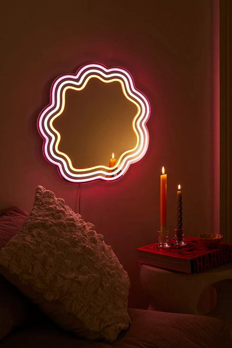 Create a relaxing space with this dreamy light-up mirror. Complete with a wavy design with a mirrored centre and tonal LED lights around the frame that create a luminescent glow when plugged in. Pink Led Light, Led Light Mirror, Pink Led Lights, Light Mirror, Relaxing Space, Wavy Design, Princess And The Pea, Mirror Shop, Pink Fits