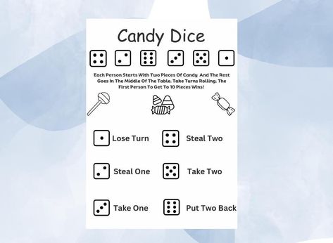 Introducing our Candy Dice Printable Icebreaker Game! Add a sweet twist to your next gathering with this fun and interactive game. Simply print out the game card and gather your friends for a night of laughs and good times. Perfect for parties, game nights, or team-building activities, this game is sure to break the ice and get everyone engaged. Let the good times roll with our Candy Dice Printable Icebreaker Game! Note to Customers All design templates sold by Designs by Ran are UNIQUE and ORIG Dice Printable, Icebreaker Questions, Ice Breaker Questions, Candy Games, Ice Breaker Games, Building Activities, Let The Good Times Roll, Game Nights, Candy Cards