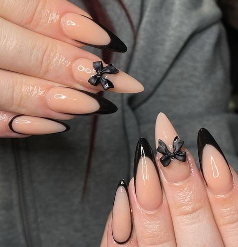 Black Aesthetic Acrylic Nails, Black Nails Almond Shape Design, Black White Tips Nails, Black Nail Designs Baddie, Classy Black Nails Almond, Feminine Black Nails, Black Almond Nails With Design, Nail Ideas Pointy Shape, Almond Shape Black Nails