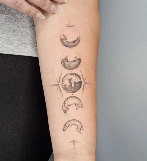 Moon Phase Cat Tattoo, Cat Moon Phases Tattoo, Cat Tattoo With Moon, Cat Tattoo With Paw Prints, Multi Cat Tattoo, Cat Moon Tattoo Designs, Cat Tattoo Abstract, Spiritual Cat Tattoo, Mystic Cat Tattoo